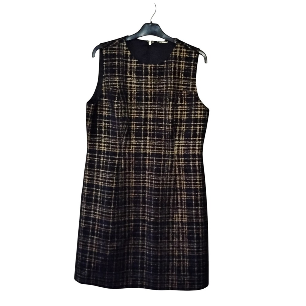 Elie Tahari Black Gold Metallic Plaid Tweed Sleeveless Shift Dress